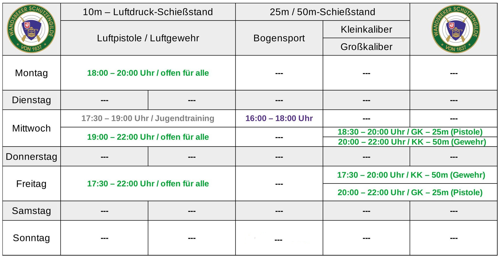 Eine Tabelle mit Trainings und Schießzeiten
